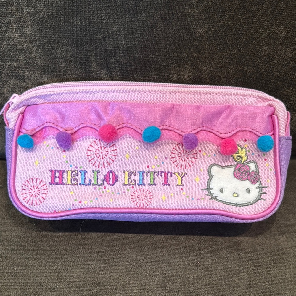 Hello Kitty Vintage Pencil Case/Cosmetic Bag, Canvas w/pom Poms EUC!